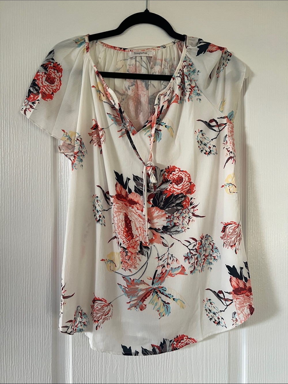 Floral Tie-Neck Blouse - White with Coral Floral